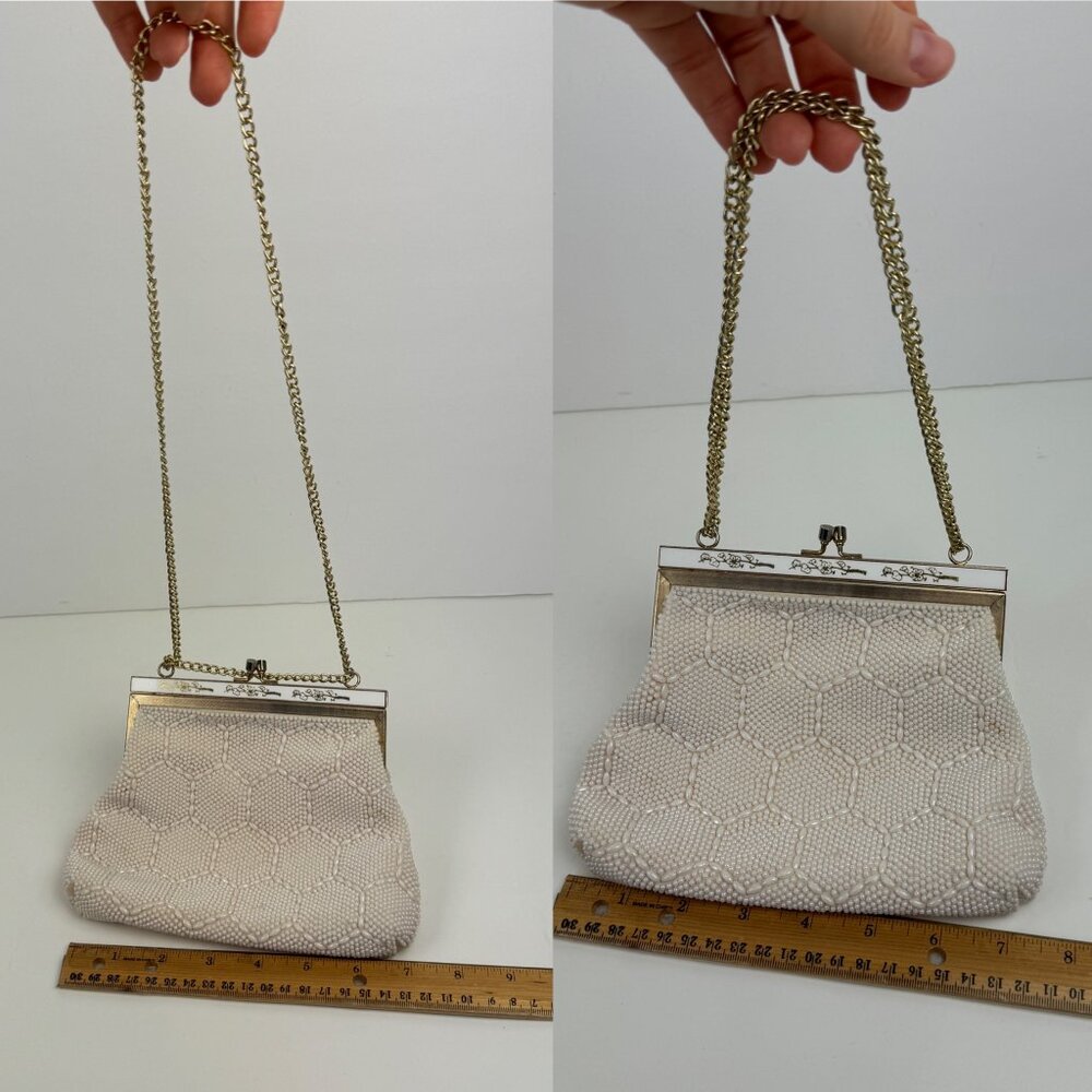 Vtg Small Beaded Purse Handbag Small Ivory Cream Gold Chain Hexagon Pattern READ